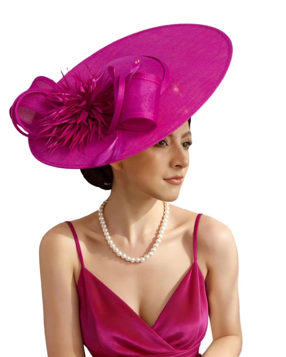 Fuchsia Hot Pink Wide Brim Fascinator Derby Hat Feather Flower w/ Box
